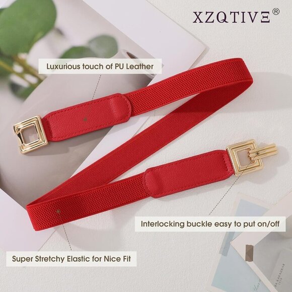 Women Skinny Elastic Cinch Belt 2-Pack Retro Gold Buckle Fits Waist 32-39